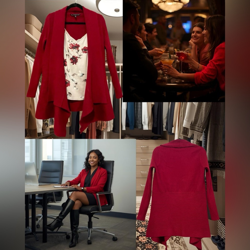 White House Black Market Red Cardigan with Floral Layer